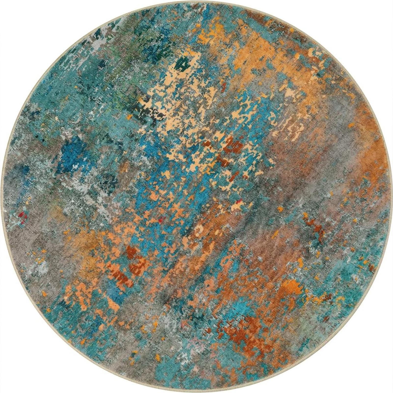 

Vintage Round Distressed Rug Muted Teal & Ochre Textured Carpet, Weathered Boho Decor for Living Room/Bedroom,Unique Aged Finish 80cm