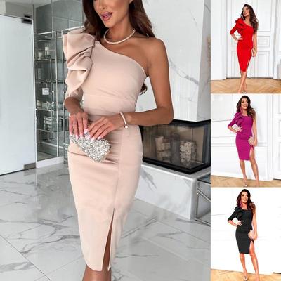 Neues einfarbiges V-Ausschnitt-Kleid mit Taillenraffung und unregelmäßigem Schlitz