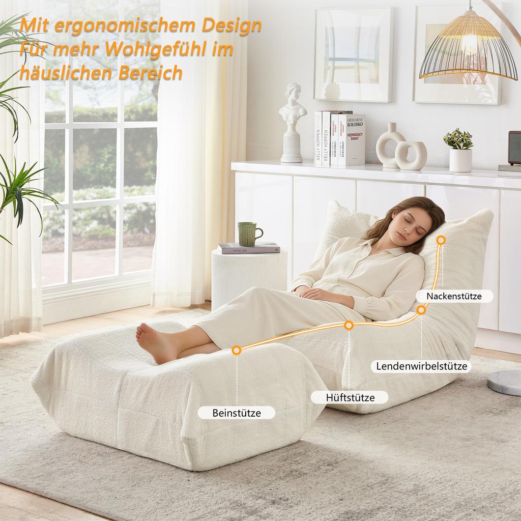 Lazy sofa with backrest and footstool, soft teddy fur bean bag floor reading chair, comfortable for living room, bedroom, study, apartment, Beige