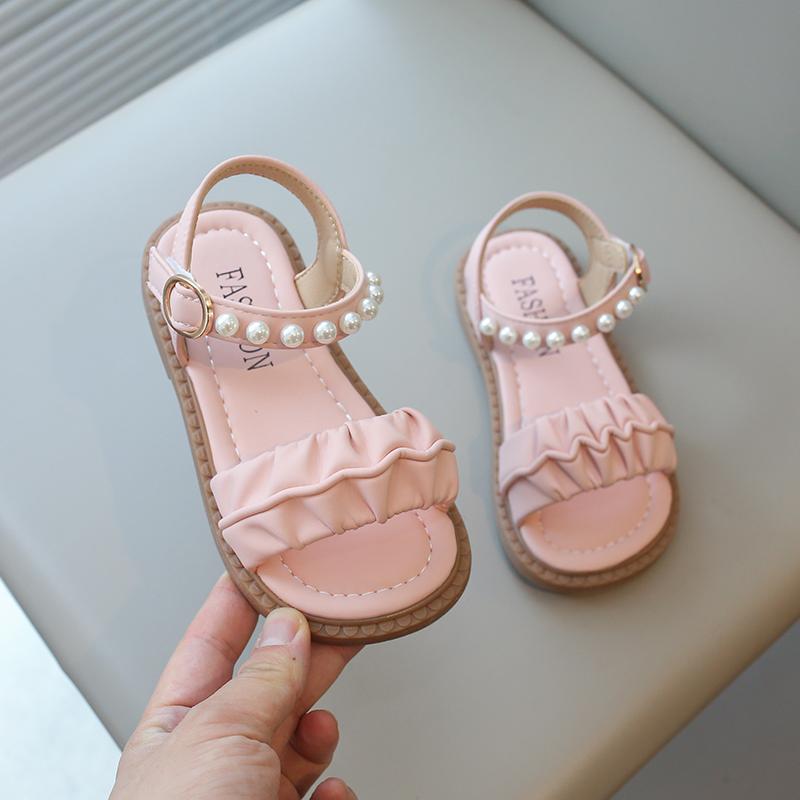 Girls Summer Sandals 2024 New Princess Kids Beach Shoes Rubber Out-sole Ruffles Pleated with Pearls Beading Open Toes Sweet Soft