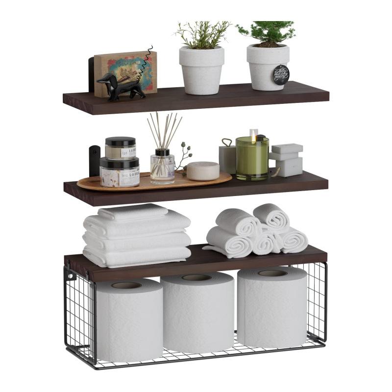 

Bath Wall Towel Storage Holder Set Above Toilet, Rolled Towel Shelf Organizer for Small Bathroom Black Wood Vertical Towel Rack