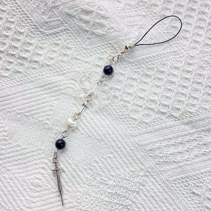 Telefon sjarmstropp nøkkelring Kawaii-søt nøkkelring lanyard streng svart cross-bue beaded kjede lanyard Y2K for kvinner jente