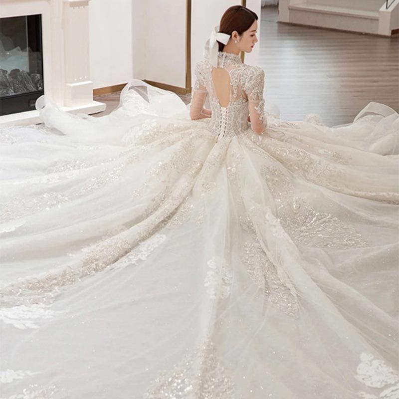 Heavy industry wedding dress bride   new main dress texture large size pregnant woman small fat mV neck long sleeve wedding dress