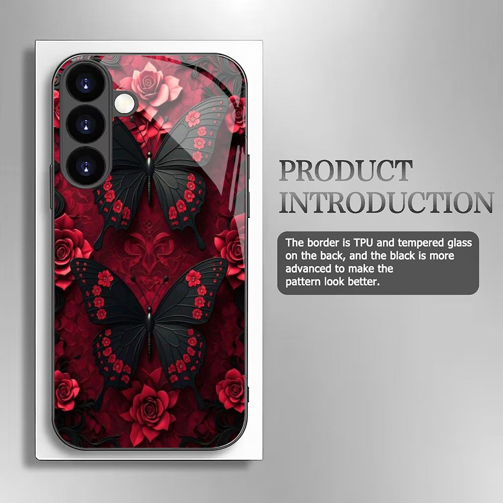 Black Butterfly Tempered Glass Phone Case Suitable for Samsung Galaxy S26 S25 S24 S23 S22 S20 FE/Ultra/Plus Anti Drop Back Cover
