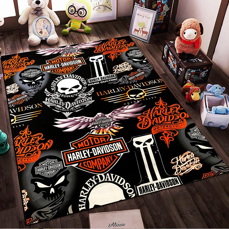 Harley Davidson Inspired Carpet with Skull, Wings, and Logo Designs Suitable for use as an anti-slip for living room bedroom sofas