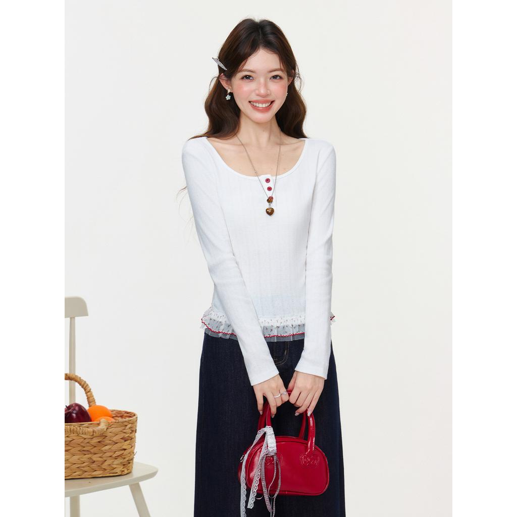 White round neck pure lace hem T-shirt women's spring slim and thin stacked inside small top