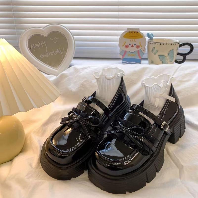 Womens Black Patent Leather Bow Thick Heel Mary Jane Shoes 26