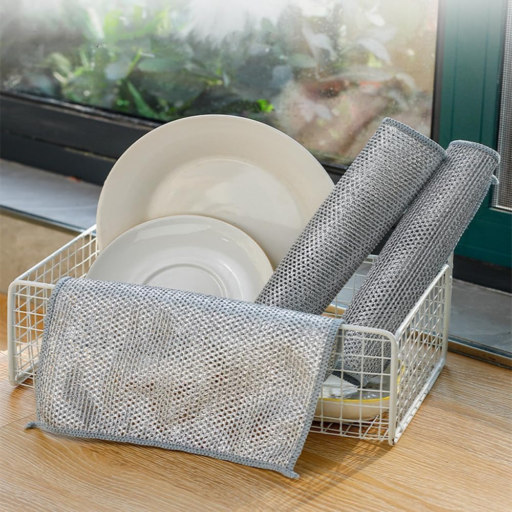 Multipurpose Wire Dishwashing Rags - 5Pcs Non Scratch Wire Dishcloths | Double Layered Microfiber Cleaning Cloths | Reusable Steel Metal Wire Cloth