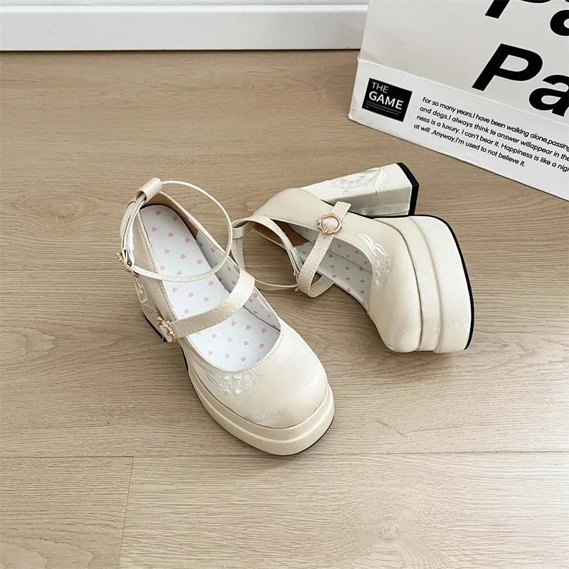 

Designer Platform High Heels Lolita Shoes Fashion Cross Straps Spring Autumn Night Club Stripper Pumps 35 бежевый