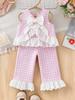 Summer Countryside Style Infant Baby Girls Clothing Set Sleeveless Top with Plaid Long Pants Retro Lace Butterfly Two Piece Outfit