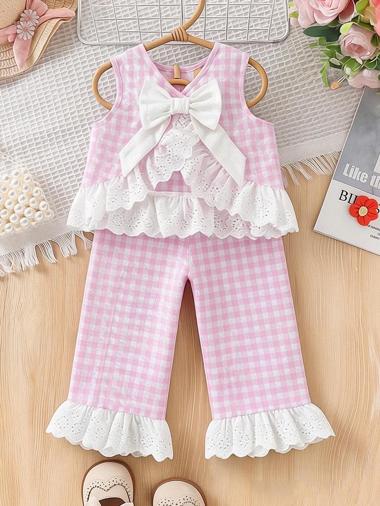 Summer Countryside Style Infant Baby Girls Clothing Set Sleeveless Top with Plaid Long Pants Retro Lace Butterfly Two Piece Outfit