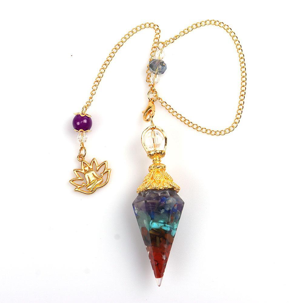 Antique Silver Seven Chakra Crystal Resin Pendulum with Semi-Precious Chips Pendant