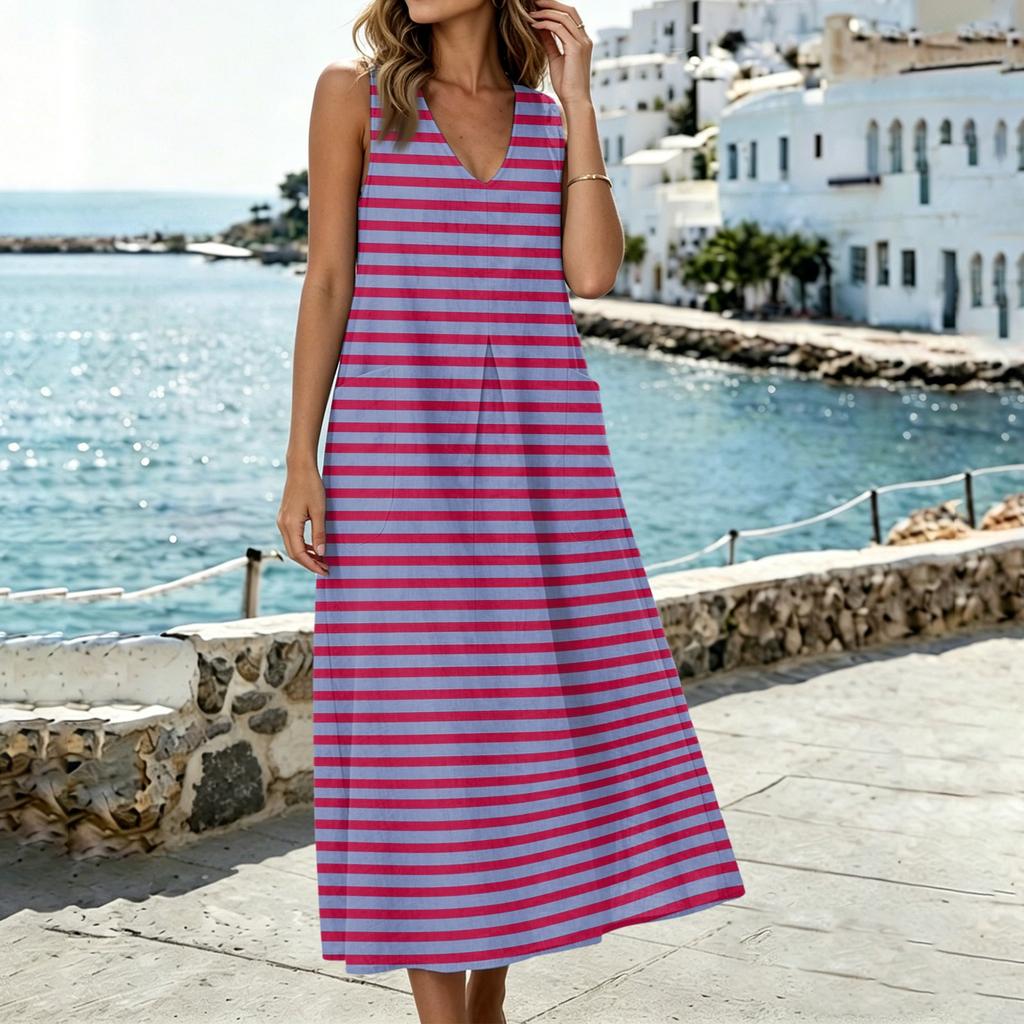 Fashionable Women's U-neck Sleeveless Pocket Slit Vest Cotton Linen Dress