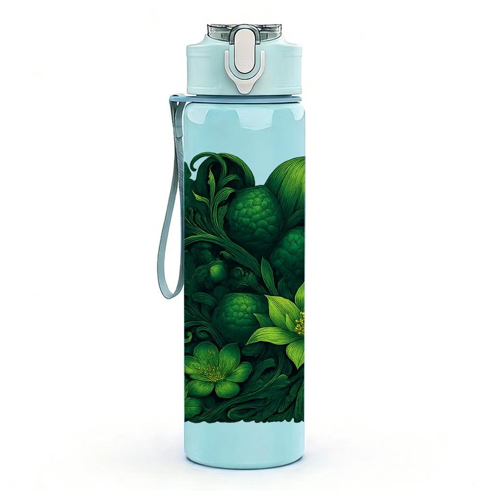 1PC Dark Green Tropical Leaf Cluster Print 750ml Color Plastic Sports Water Bottle Leakproof Flip Straw Lid Suitable for Sports Office Home Use