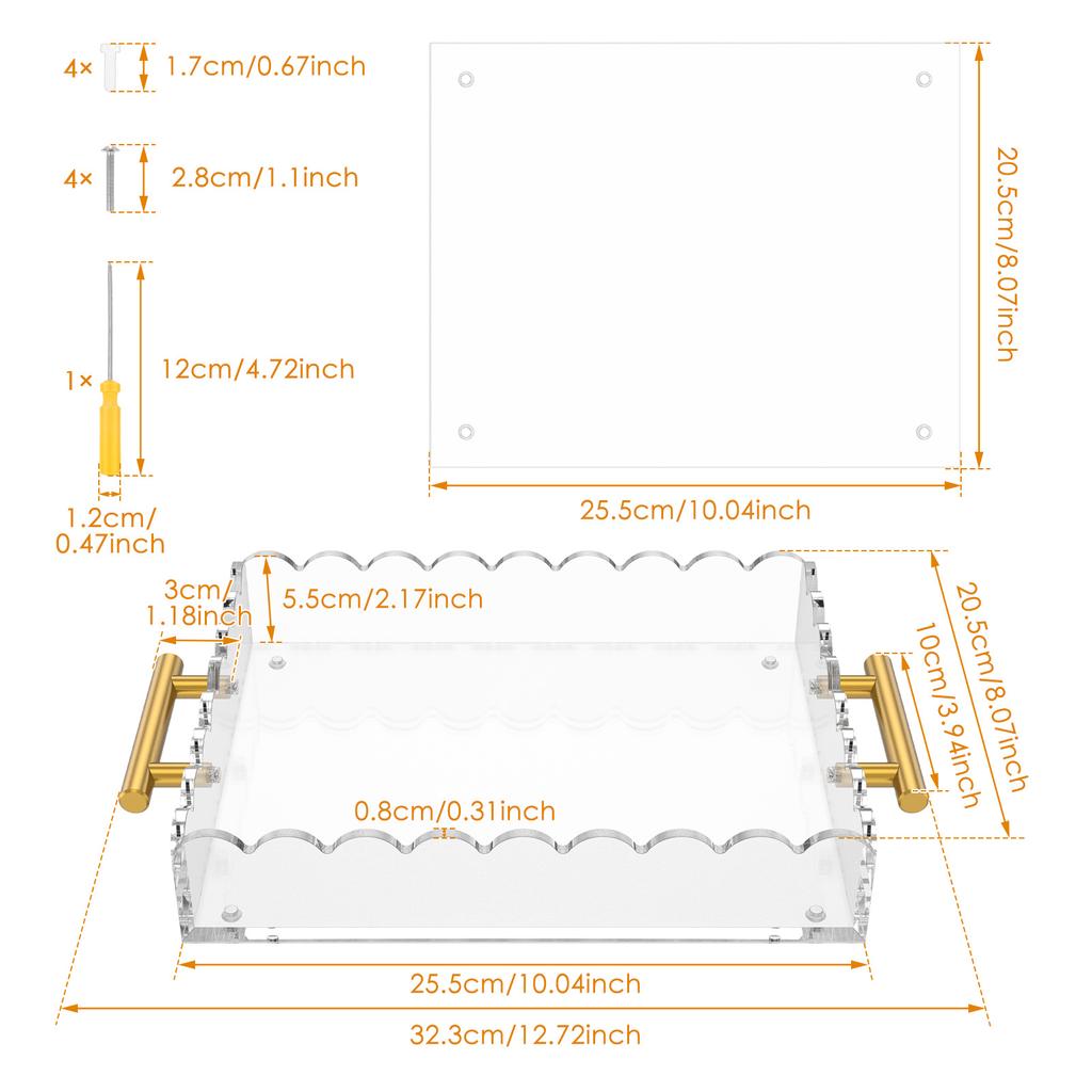 Acrylic Scalloped Tray with Handle and Magnetic Photo frame Mat Decorative Rectangle Desktop  Clear Displaying Organizer Tray