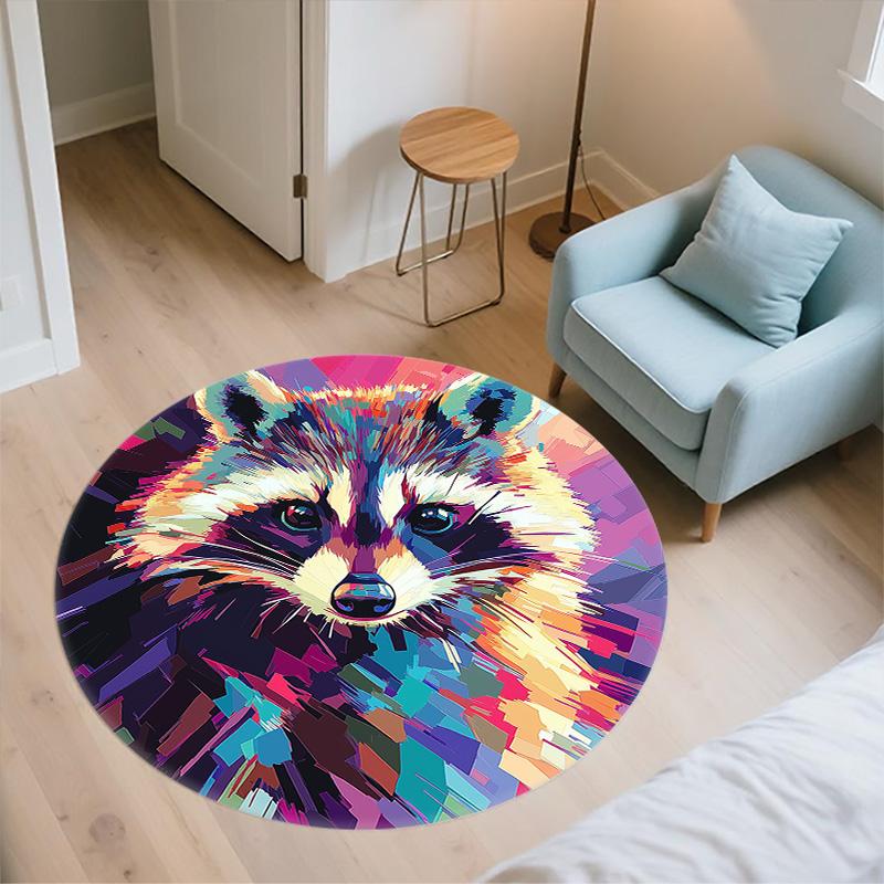 Colorful Raccoon,Round Area Rug,Carpet Rug for Living Room Bedroom Sofa Playroom Decor,Non-slip Floor Mat