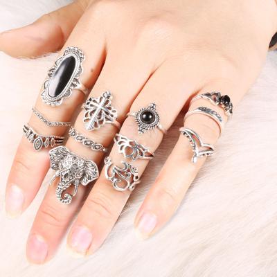 Conjunto de anéis de zircônia preta com recorte vintage para mulheres, conjunto de anéis de elefante punk, joias para festa