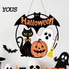 Childlike Scary Party Decor Halloween Wood Hanging Ornament with Ghost Pumpkin Bat Cat Prints, Durable Seasonal Home Wall Ornaments Waterproof