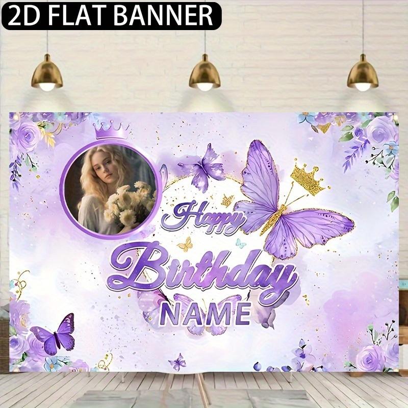 Spring and Summer Pink and Purple Beautiful Flowers 2D Butterfly Background Customizable Name Photo Birthday Party Decoration