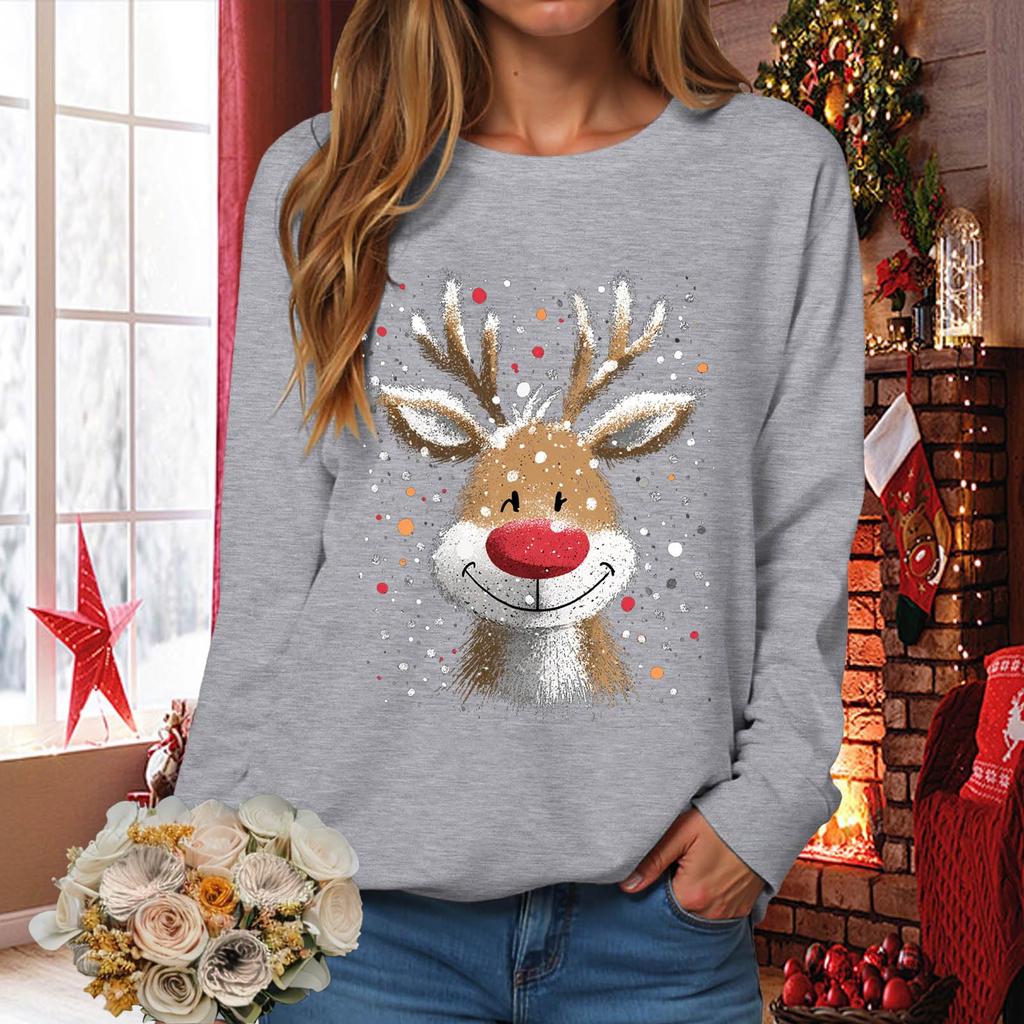 Women's Fashionable Casual Long-Sleeved Loose-Fit Christmas Print Round-Neck Pullover Sweatshirt