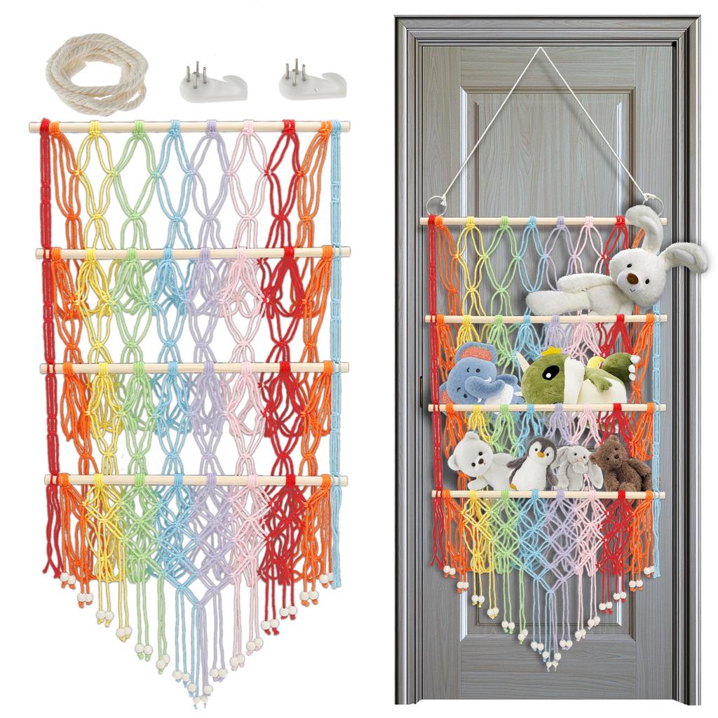 Stuffed Toy Storage Hammock 3-Layer Macrame Storage Net Washable Large Capacity Mesh Plush Toy Storage for Kindergarten Playroom