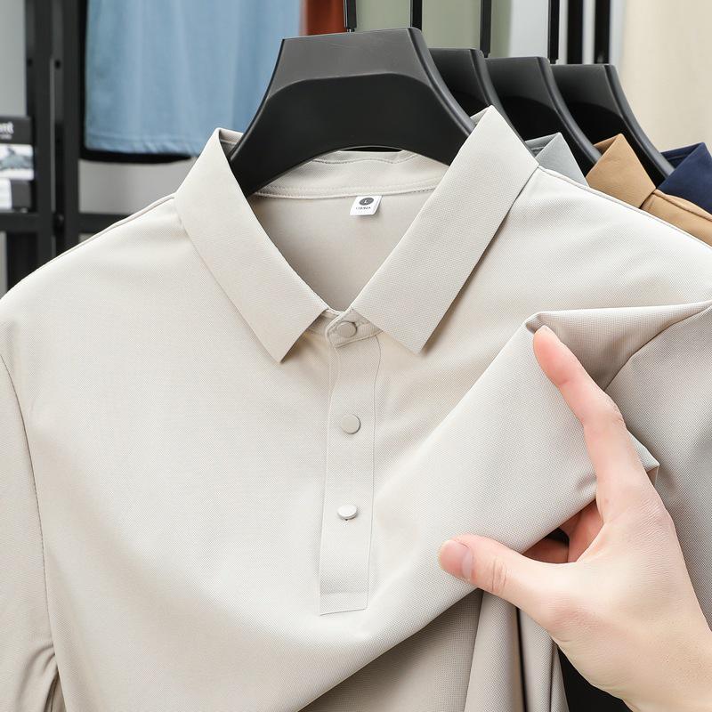 Pánské letní polo tričko z ledového hedvábí - Elastické, nemačkavé, jednobarevné, krátký rukáv, Business Casual s límečkem.