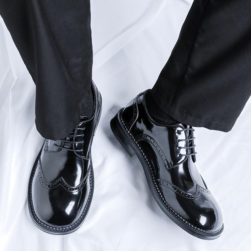 Fashion Fashion Men Casual Leather Derby Shoes Italian Thick Sole Big Toe Trendy Patent Leather Shoes Lace-up Thick Bottom Oxford Shoes
