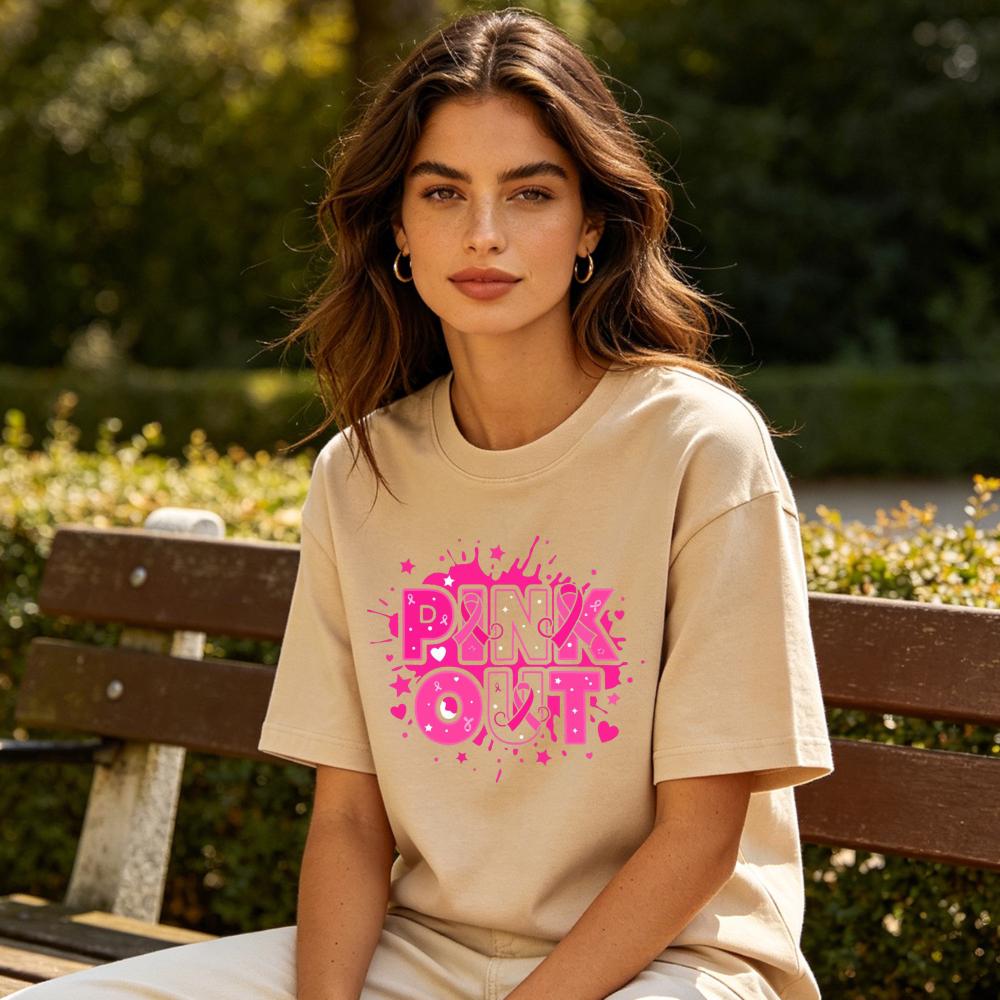 Pink Out Splash Star Heart Letter Graphicunisex Summer Cotton T Shirt Breast Cancer Support Sport Short Sleeve Garment
