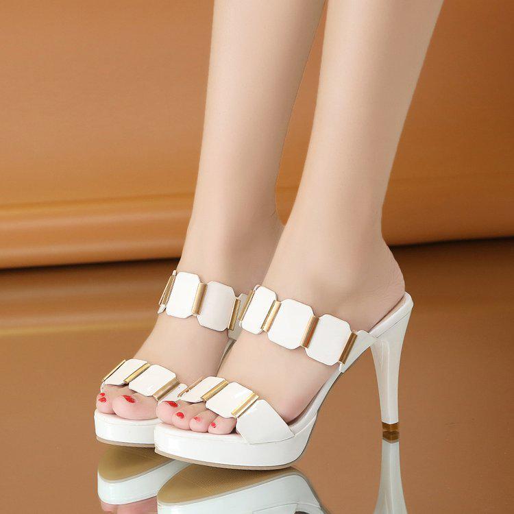 Women's shoes 2025 summer new Korean version cool slippers fish mouth high heels one-word drag wear large size fashion cool slippers