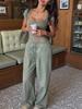 Solid Color Square Neck Ruched Short Sleeve T-shirt & Pocket Pants Casual Set