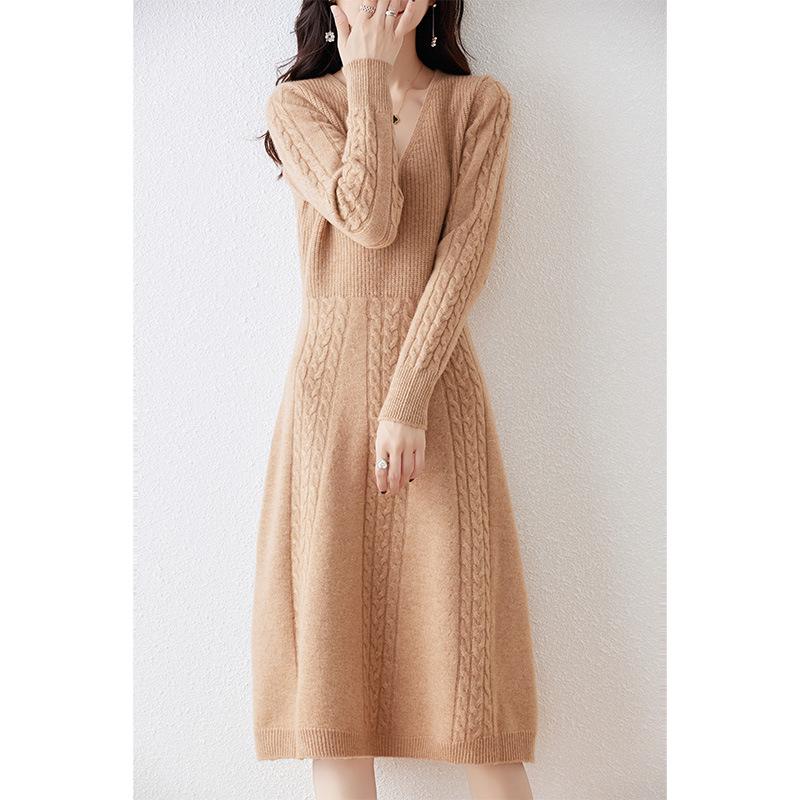 Women's Mid-Length V-Neck Wool Dress - Autumn/Winter Cashmere Over-the-Knee Sweater with Slimming Base Layer