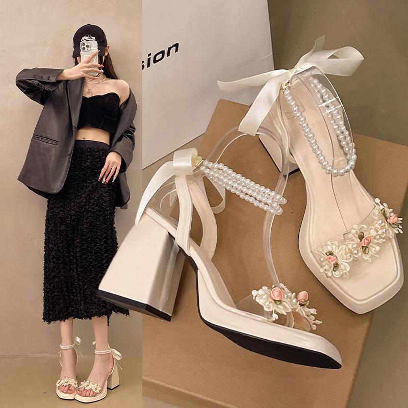 Mary Jane Shoes Women's Summer 2025 New French Bow Flower Pearl Sandals Square Head Thick Heel High Heels
