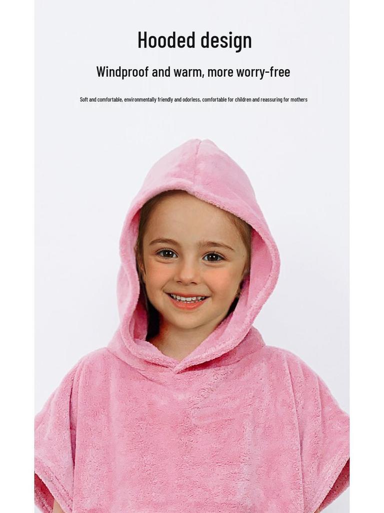 Children's Warm Coral Fleece Hooded Bathrobe for Surfing and Swimming