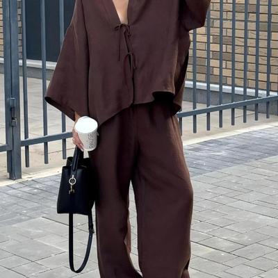 Spring and Summer New Casual Cotton Suit Lace-up Top Wide-leg Pants Women's Clothing