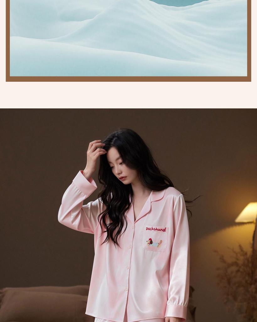 Women's Thin Ice Silk Pajamas - Spring/Autumn, Long Sleeve, Classy, Versatile for Home or Outdoor Wear, Includes Adorable Puppy Pattern.