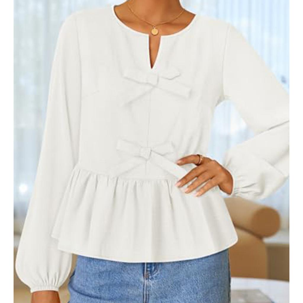 Women's T-shirt Solid Color V-neck Long Sleeved Tied Bow Top