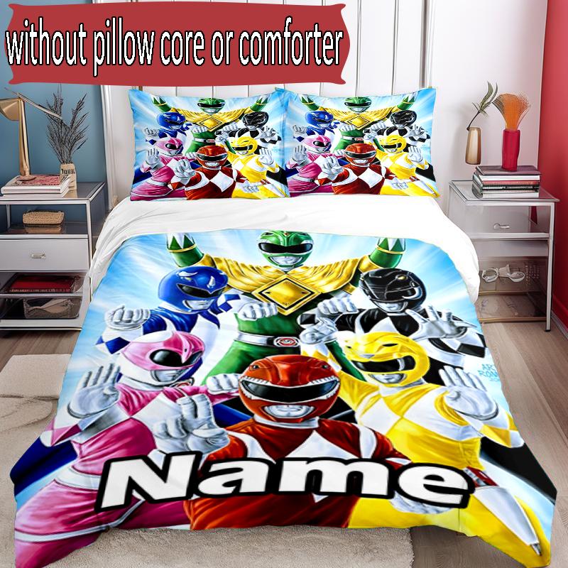 Parure de lit 3 pièces avec housse de couette (1*Housse de couette + 2*Taie d'oreiller, sans noyau), Ensemble de literie personnalisé Motif Mighty Morphin Power Rangers, Décoration de chambre à coucher à la maison Gi