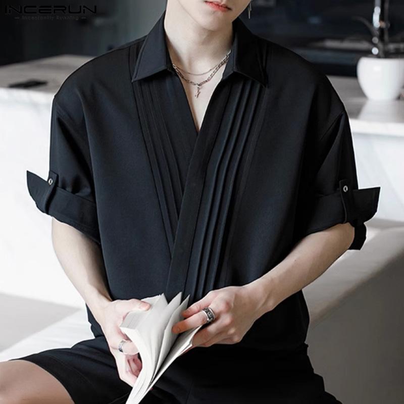 INCERUN Men Short Sleeve Pleated Shirts Casual Front Cross Solid Tops