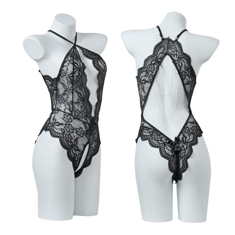 Women's Open Crotch See-Through Lace Bodysuit with Pearl Detail