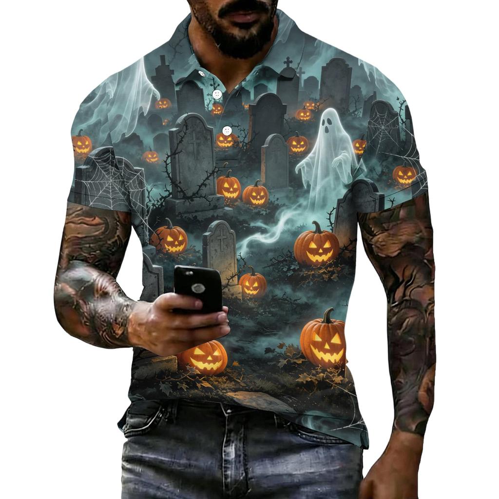 Men's Halloween Print Vintage Texture Short Sleeve Polo Shirt Loose Breathable Summer Sports Streetwear Casual Everyday Top