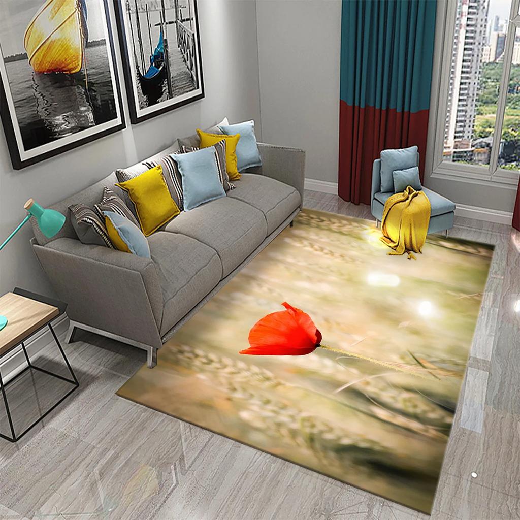 3D Rote Mohnblumen Teppich Romantisches Blumenmeer Teppiche Fußmatte für Badezimmer Küche Eingangsteppiche Schlafzimmer Wohnzimmer Dekor Bereichsteppich
