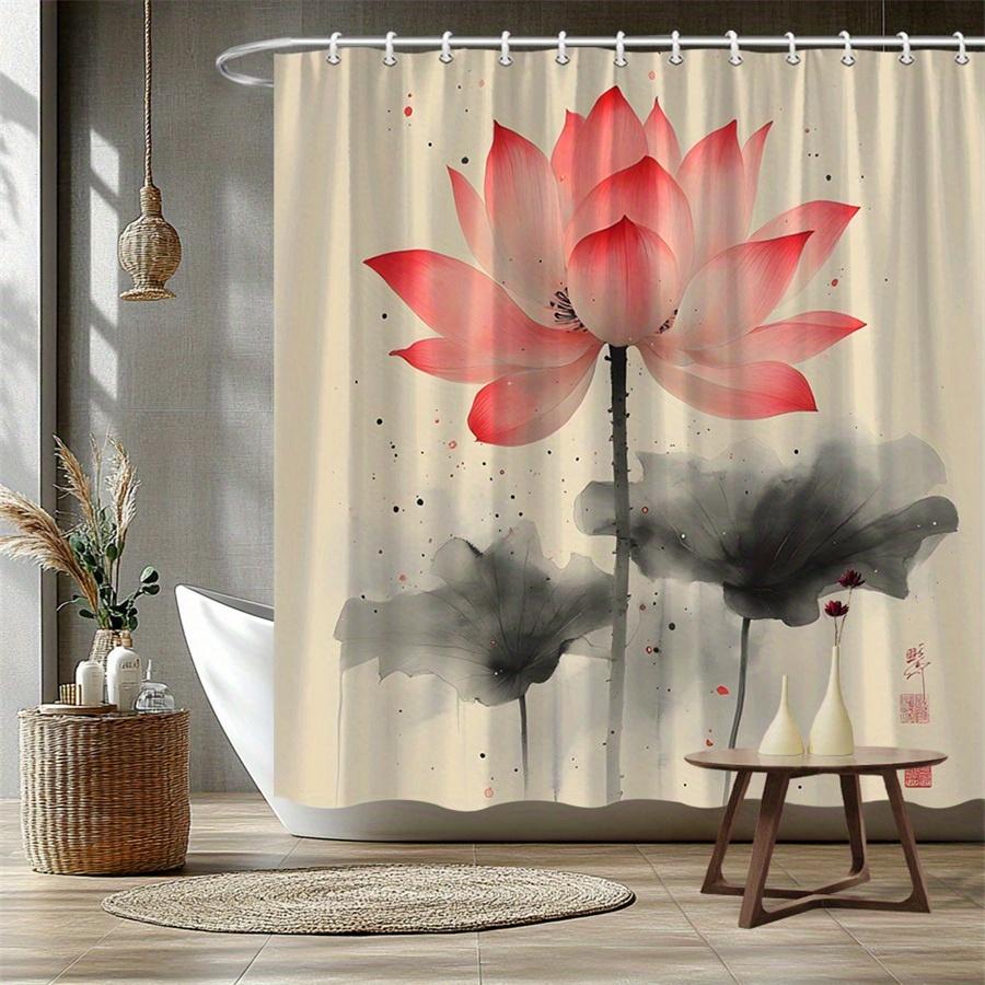 1pc Lotus pattern shower curtain, machine washable polyester, with hooks, suitable for bathroom decoration.