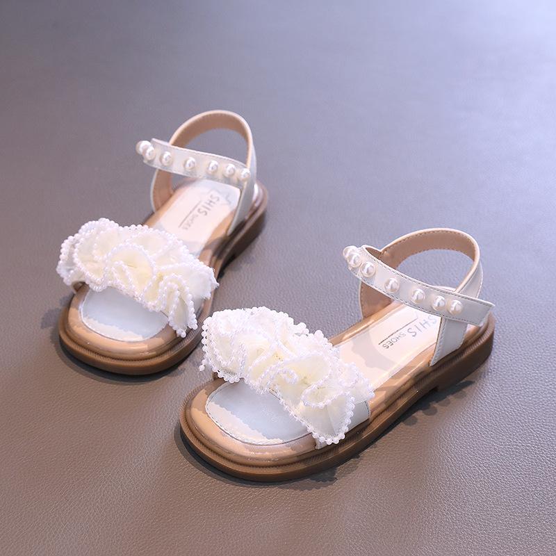 

Новые детские сандалии с милым кружевом и бисером для девочек, принцессы, повседневные свадебные сандалии на плоской подошве, модные элегантные детские сандалии с открытым носком, мягкие 26 бежевый