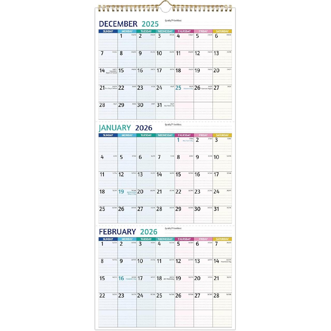 2026 Wall Calendar - 3 Month Calendar 2026 Vertical, Jan 2026 - Dec 2026, 3 Month Wall Calendar 2026, 11 x 26 In Open, 2026 Calendar Monthly with 3 Month Wall Calendar