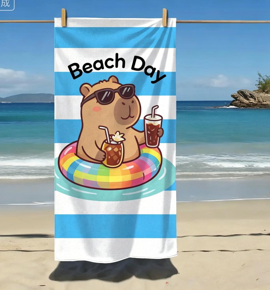 Süßer Capybara Schwimmring Ananas Getränk Strandtuch Blau gestreift Sommer Pool Party Handtuch Lustiges Capy Meme Pool Handtuch