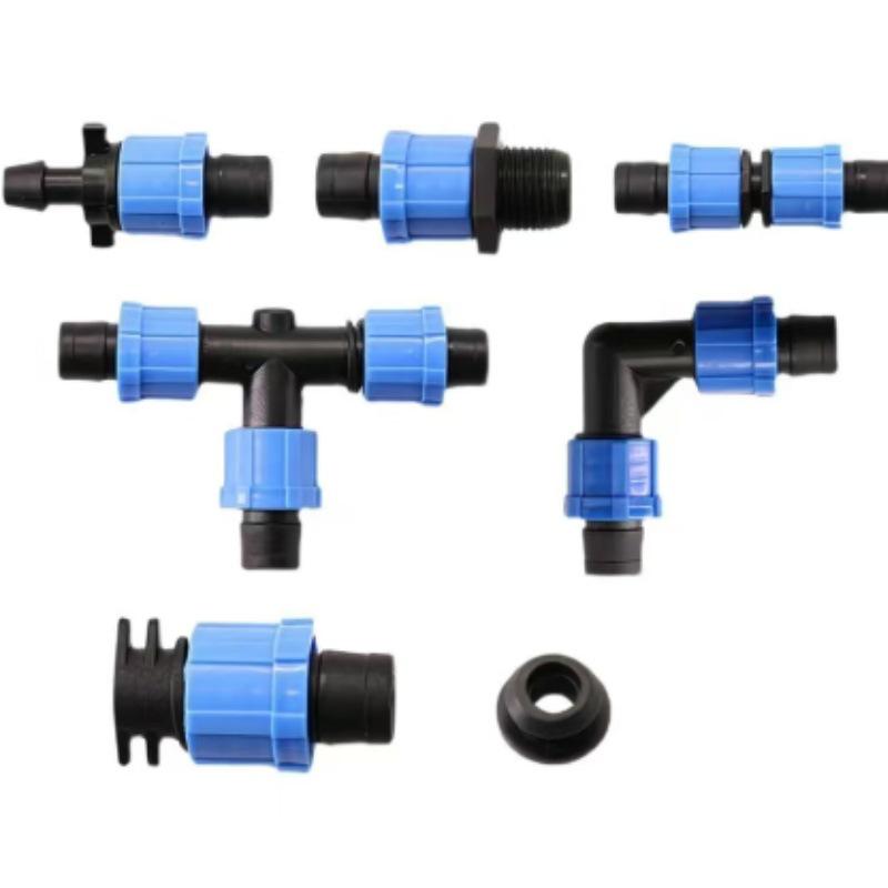 16mm Drip Tape Accessories Set: Tee Connector, Lock, Bypass, Male Thread for Garden, Greenhouse, Agriculture.