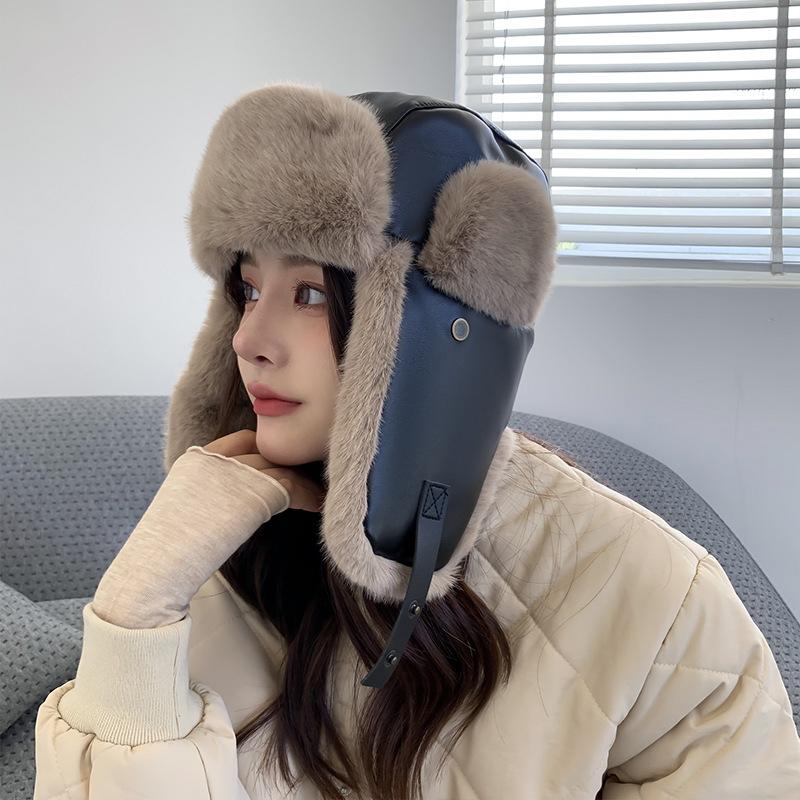 Leather Lei Feng hat, unisex, thickened for warmth, with ear protection, suitable for outdoor activities like skiing and cycling, and lined with