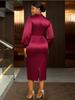 Women Elegant Shiny Midi Evening Party Dress 3D Flower O Neck Long Sleeve Rhinestone Waist Belt Slit Slim Wedding Christmas Gown
