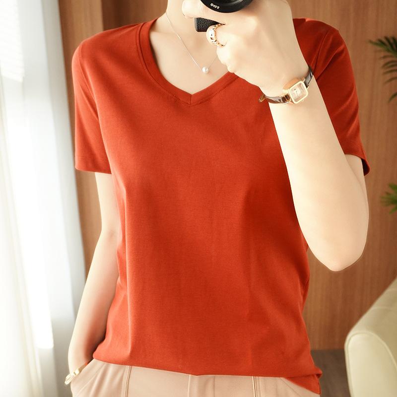 V-neck T-shirt for Women Mercerized Cotton T-shirt for Cotton Thread Short-sleeved Summer Updated Slim Versatile Half-sleeved Top
