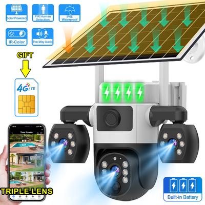 V380 Pro 4G Sim Card Camera With Solar Panel Three Lens Outdoor Battery Home Surveillance Security Protection CCTV Video Cameras